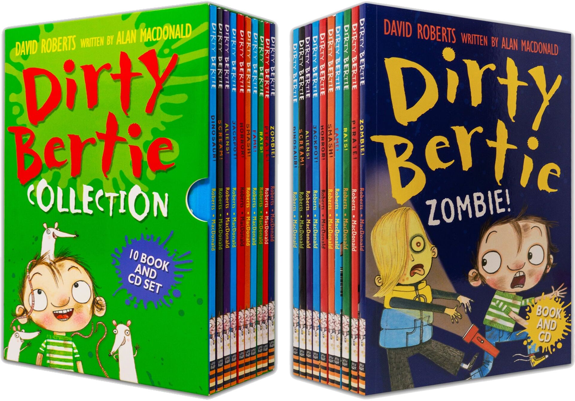 Little Tiger Press Dirty Bertie Collection 10 Books Box Set with CDs by David Roberts (Zombie!, Pirate!, Rats!, Fame!, Smash!, Horror!, Jackpot!, Aliens!, Scream!...)