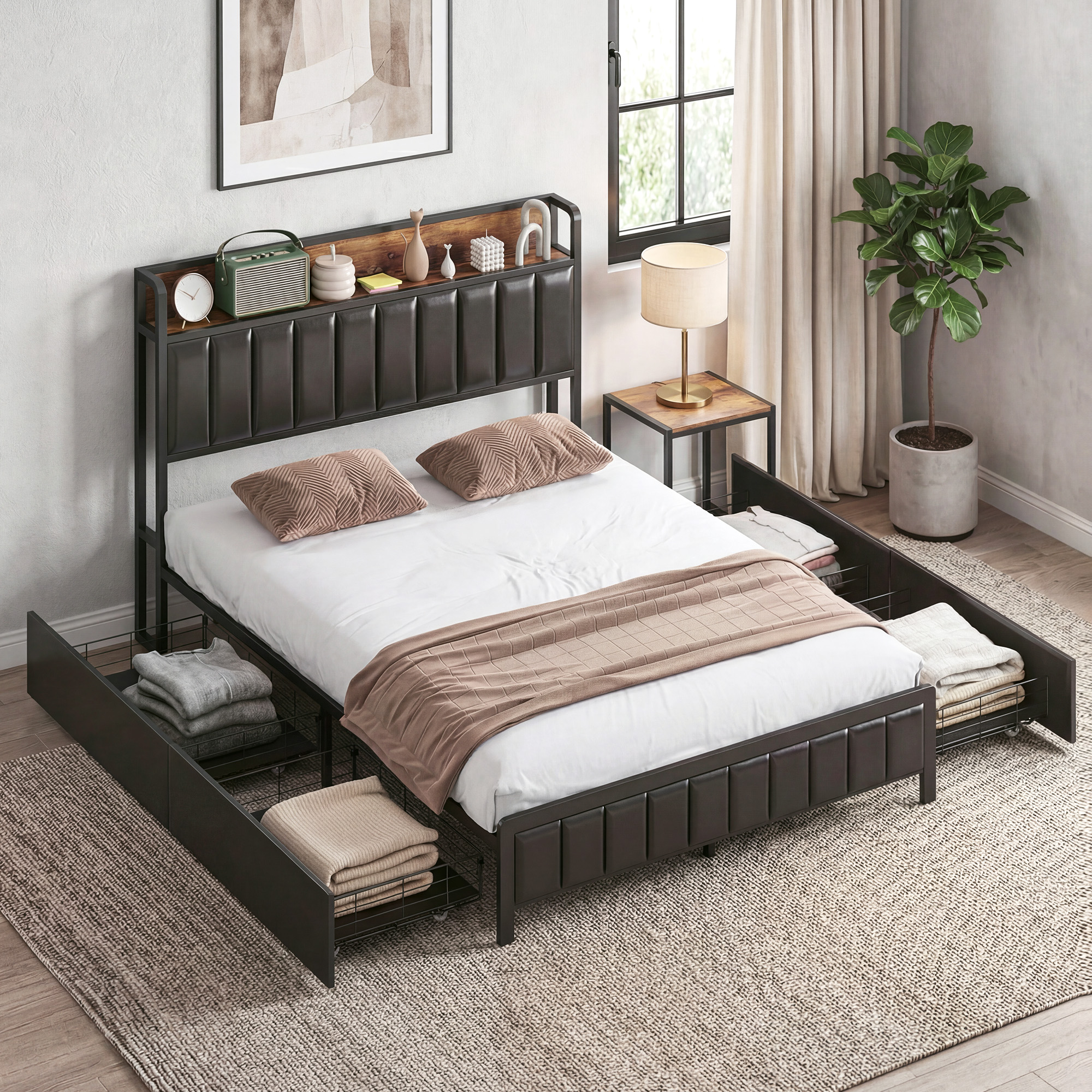 Homcom Telaio letto 140 x 190 cm con doghe in metallo, letto matrimoniale imbottito con 4 cassetti e ripiano, nero   Aosom Italy