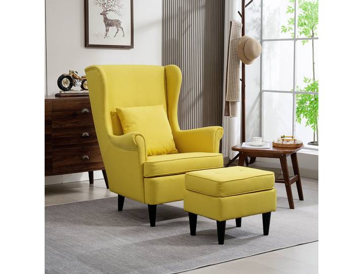 HOMCOM Fauteuil Oreilles Tissu Jaune avec Ottoman Pieds Bois