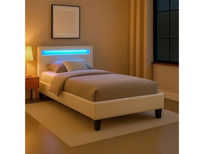 CARO-Möbel Polsterbett Mandalay mit LED Beleuchtung Einzelbett Lederbett 90 x 200 cm mit Lattenrahmen, Lederimitat in weiß