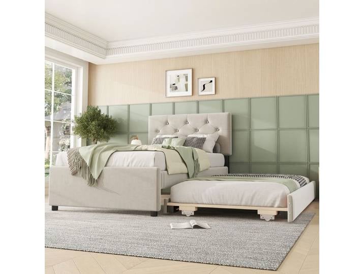 lit gigogne - SOGEU - 90x200 - velours beige - sommier inclus - tiroir gigogne amovible