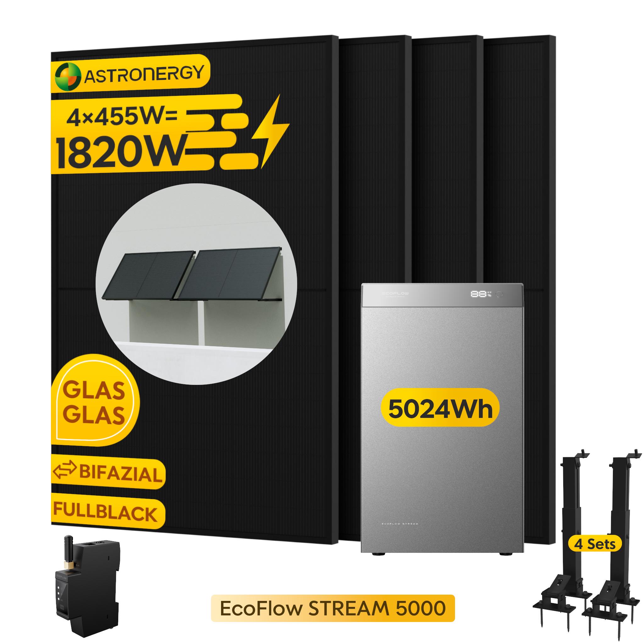 Powerness Balkonkraftwerk mit Speicher: EcoFlow STREAM 5000 Speicher 5024Wh & 4x Astronergy 455W Module & Smart Meter & 4x Flachdach-Halterung