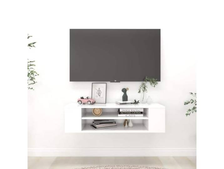 HEFZGDB TV-Hängeschrank Weiß 100x30x26,5 cm aus Holzwerkstoff mit 2 offenen Fächern für Multimedia-Geräte und Aufbewahrung - Wandschrank Lowboard für Elegantes Interieur Design