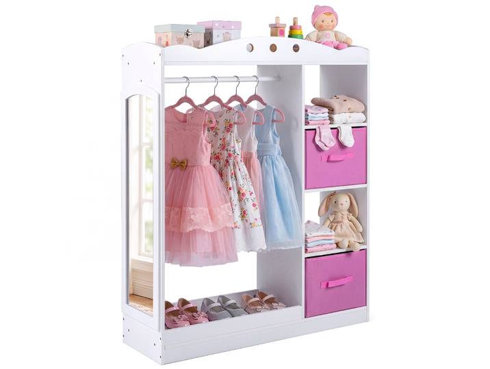 Kindergarderobe met Spiegel Kinder Kledingkast van Hout met Open Planken Kledingstang en Opvouwbare Stoffen Lades Wit