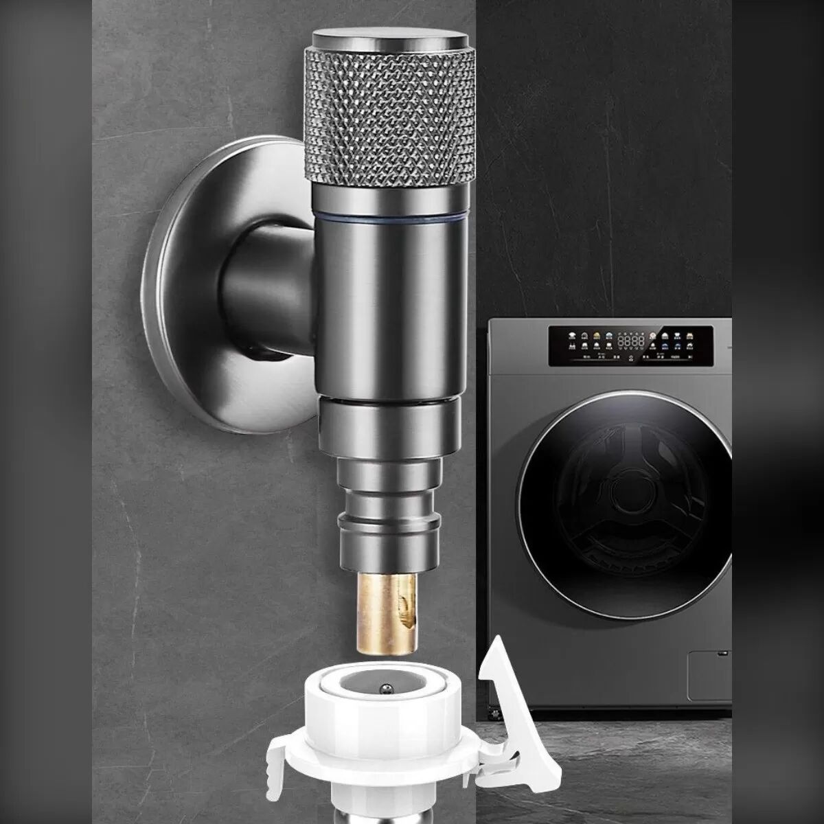 INF Washing Machine Auto Shut-Off Valve kompatibel mit Multiple Brands - Edelstahl Kompakter Wandhahn mit Schnellverschluss Grau