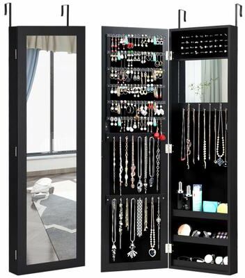 Costway Full Length Mirror Jewelry Cabinet with Ring Slots and Necklace Hooks-Black