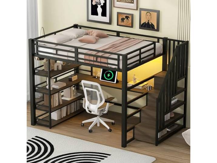 BTM Jugendbett 140 x 200 cm Metall LED Hochbett mit Schreibtisch und Staufächern, Kinder Hochbett mit Treppe, Schwarz