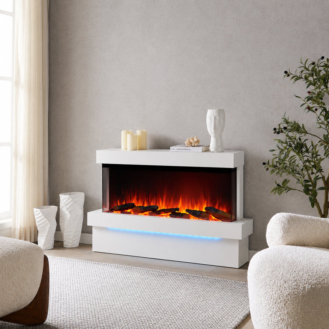 FLAMME Knighton 3-Sided Electric Free Standing Fireplace, Multiple Flame Colours, 1500W Heater, Crackling Sound Effect, Remote and APP Control, White White 80cm H x 130cm W x 25cm D