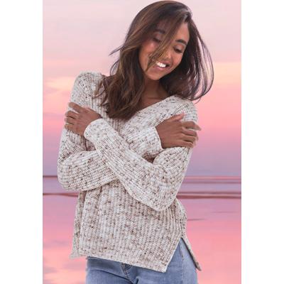 V-Ausschnitt-Pullover BUFFALO "aus kuschelig weichem Chenillegarn", Damen, Gr. 32/34, beige (braun, creme), Strick, Obermaterial: 100% Polyester, meliert, figurumspielend hüftlang, tiefer V-Ausschnitt, Strickbündchen, Pullover, kuschelig weicher...