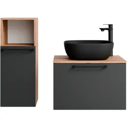 Planetmöbel ASTRA Badmöbel-Set 60 cm Gold Eiche / Anthrazit mit schwarzem Waschbecken und Midischrank