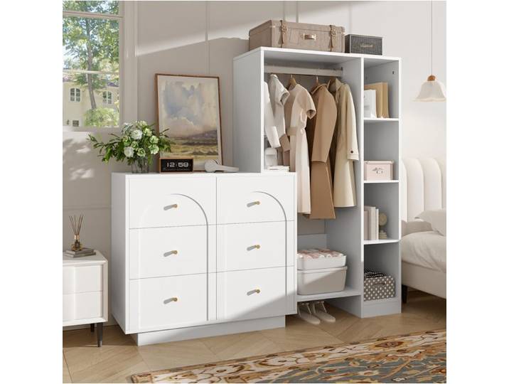 ULEVR Armoire de chambre ouverte avec tringle 6 tiroirs étagères latérales blanc 139 x 35 x 133 cm