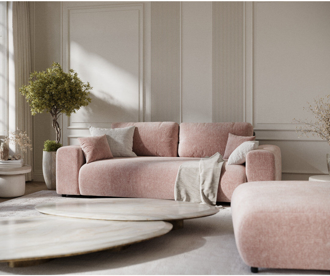 Ebern Designs Three-seater square arm sofa Pink Chenille 79cm H X 213cm W X 108cm D