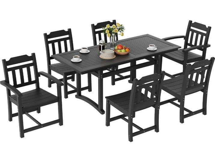 VEVOR Ensemble de meubles de jardin 7 pièces Ensemble de meubles de balcon 1 table + 6 chaises\, 150 kg / 150 kg Ensemble de sièges Résistant aux intempéries et au soleil\, ensemble de salle à manger Ensemble de meubles de jardin et de terrasse moderne Meubles de balcon noirs