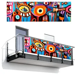 BALKON-SICHTSCHUTZ Abstrakt - Gesicht - Farbenfroh Windschutz 300x90 cm