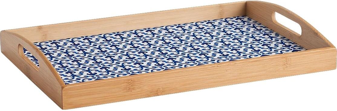 Tablett ZELLER PRESENT "Marokko 44 x 30 x 5,5 cm", blau (blau, weiß), Holz, Tabletts, Tablett blau, weiß Einheitsgröße