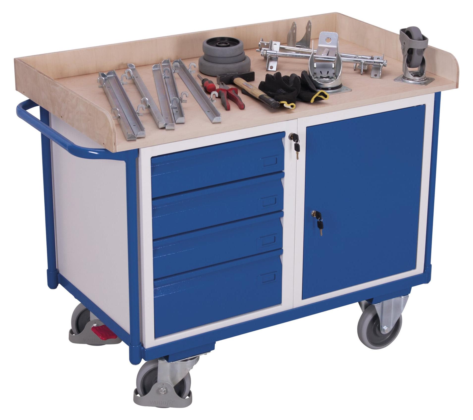 VARIOfit Werkstattwagen mit 4 Schubladen, Schrank und Ladefläche 1125x630mm RAL 5010 Enzianblau