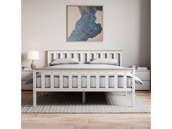 Vida Designs Milan King Size Bett, 5ft, Bettgestell, Massivholz Kiefer, Kopfteil, Hoher Fußteil Schlafzimmermöbel, Weiß und Kiefer