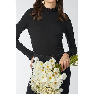 Langarmshirt RICHROYAL "2409 O Slub F LS", Damen, Gr. XS, schwarz, Single Jersey, Obermaterial: 100% Baumwolle, Shirts Langarmshirt, mit Rüschenkante an Ausschnitt und Ärmelsaum