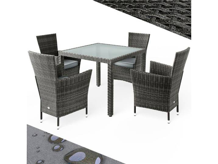 CASARIA® Salon de jardin gris 4 places table de jardin chaises empilables avec coussins plateau de table en verre trempé