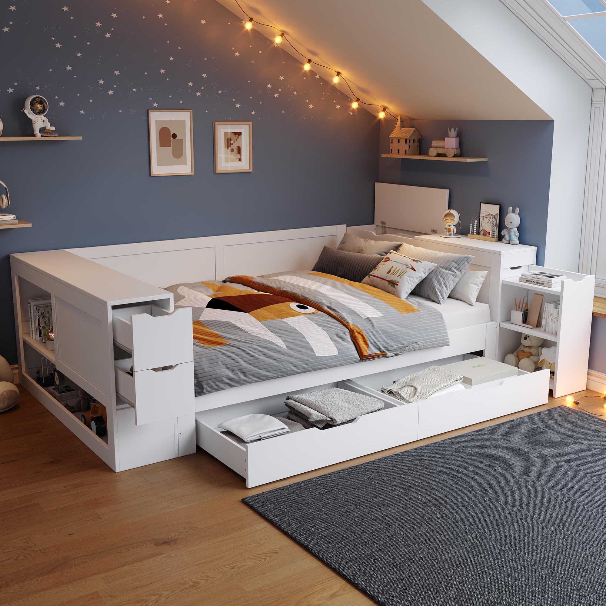 Stauraumbett 140 x 200 cm, Kinderbett Daybed mit Lattenrost, Schublade, Regalen, Schränken & Nachttisch, MDF, Weiß