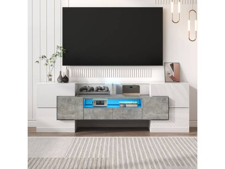 Armoire TV Elégante avec éclairage LED Meuble TV Brillant Moderne Surface en Verre Blanc et Gris 145x30x51cm