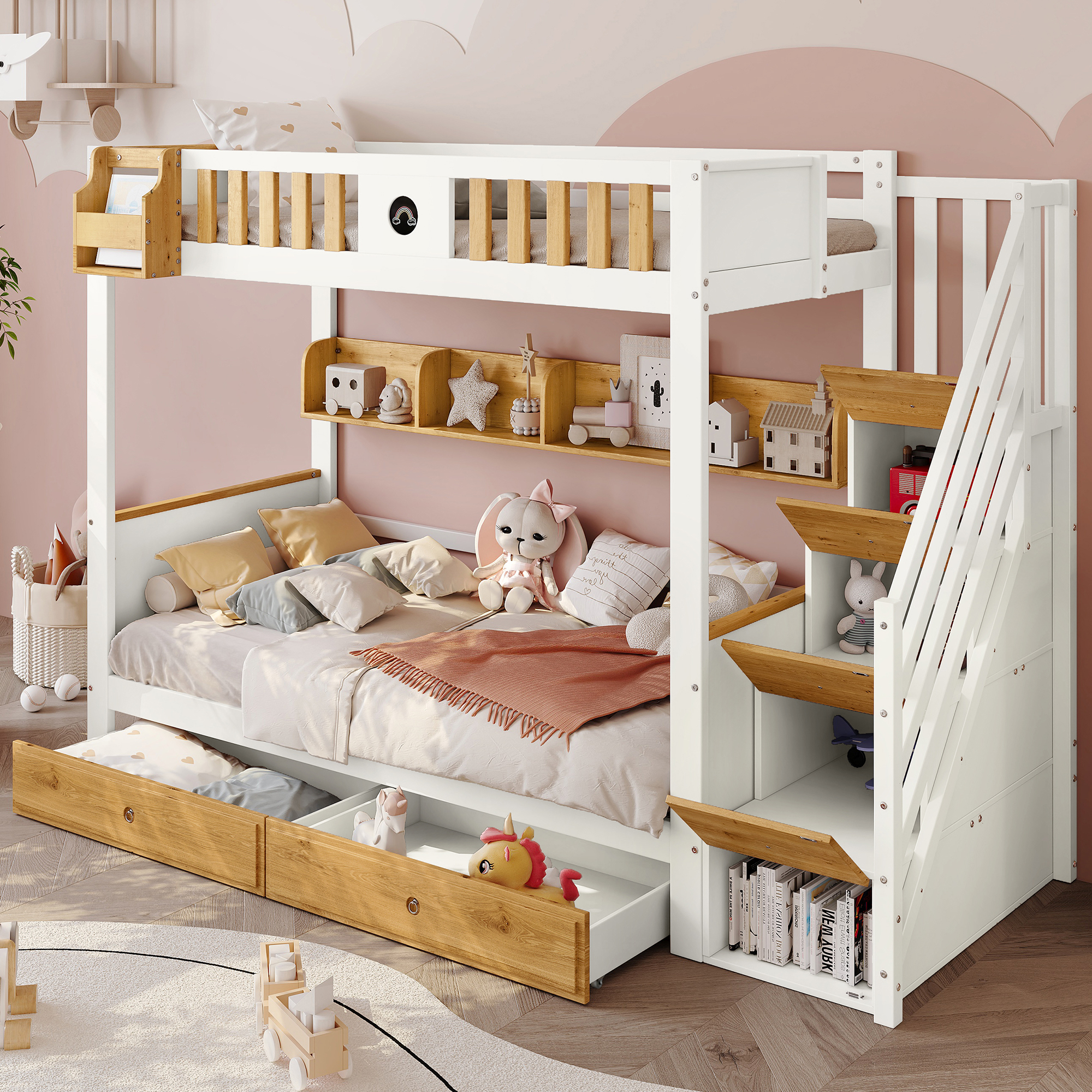 Kinder-Etagenbett mit Stauraum-Treppe, 4 Schließfächer, Fallschutzgitter, 2 Schubladen, Weiß+Natur, 90x200cm