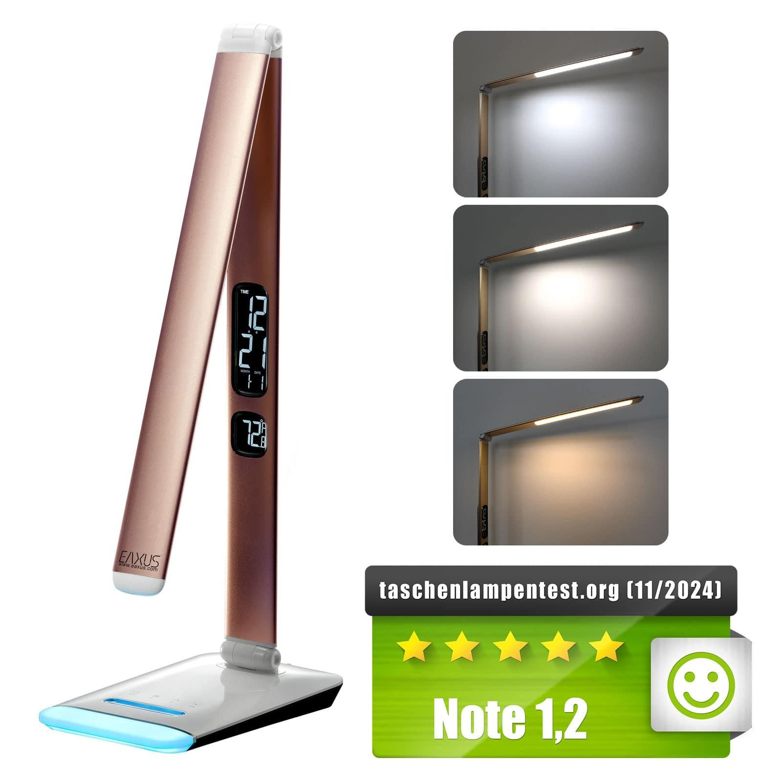 Eaxus LED-bureaulamp met RGB-kleurverandering, dimbaar met touchbediening, klok, kalender en temperatuurweergave, koperkleurig