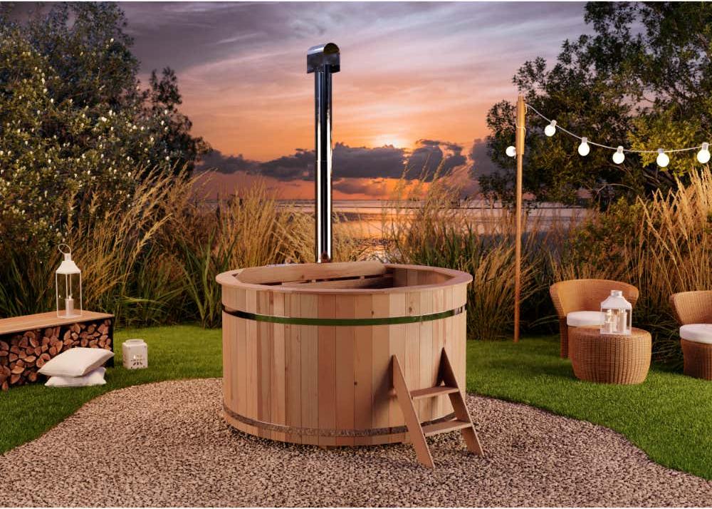 FinnTherm Holz Badefass Bergen Ø 180 cm inkl. Ofen, Einstiegsleiter & Bänke