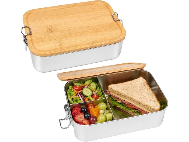 FELIXLEO Lunchbox 2 Stück Brotdose Edelstahl mit Fächern und Bambusdeckel 1200ml, (1-tlg)