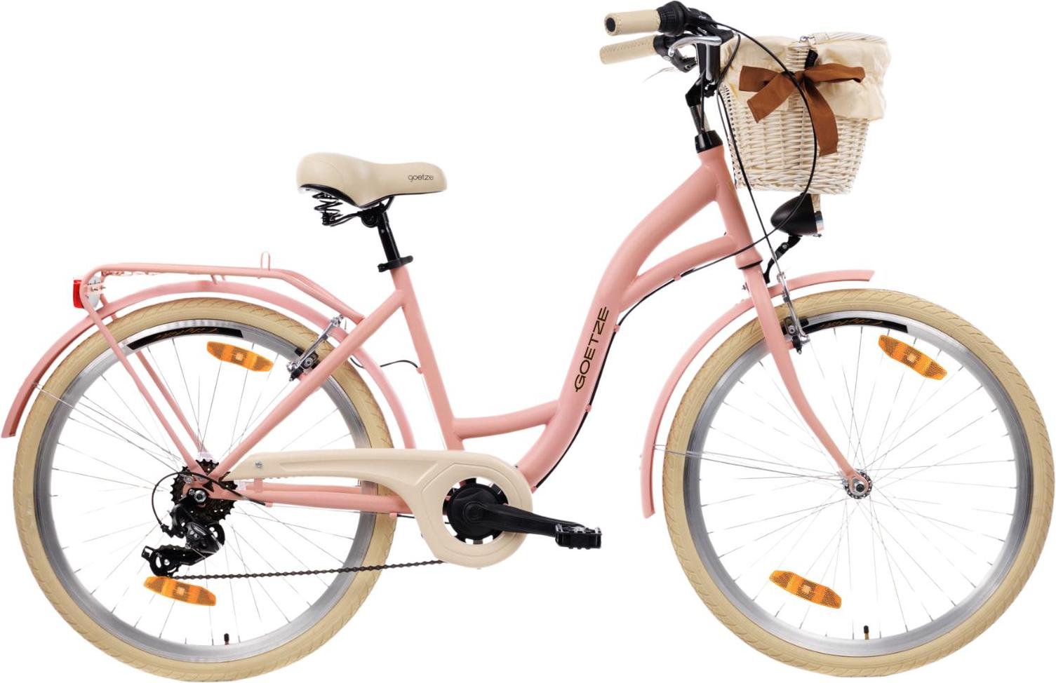 Goetze Mood 26 Zoll City Bike, 17 Zoll Tiefeinsteigerrahmen, 6-Gang Shimano Tourney, V-Bremse, LED-Beleuchtung, Komfortsattel, Rattankorb