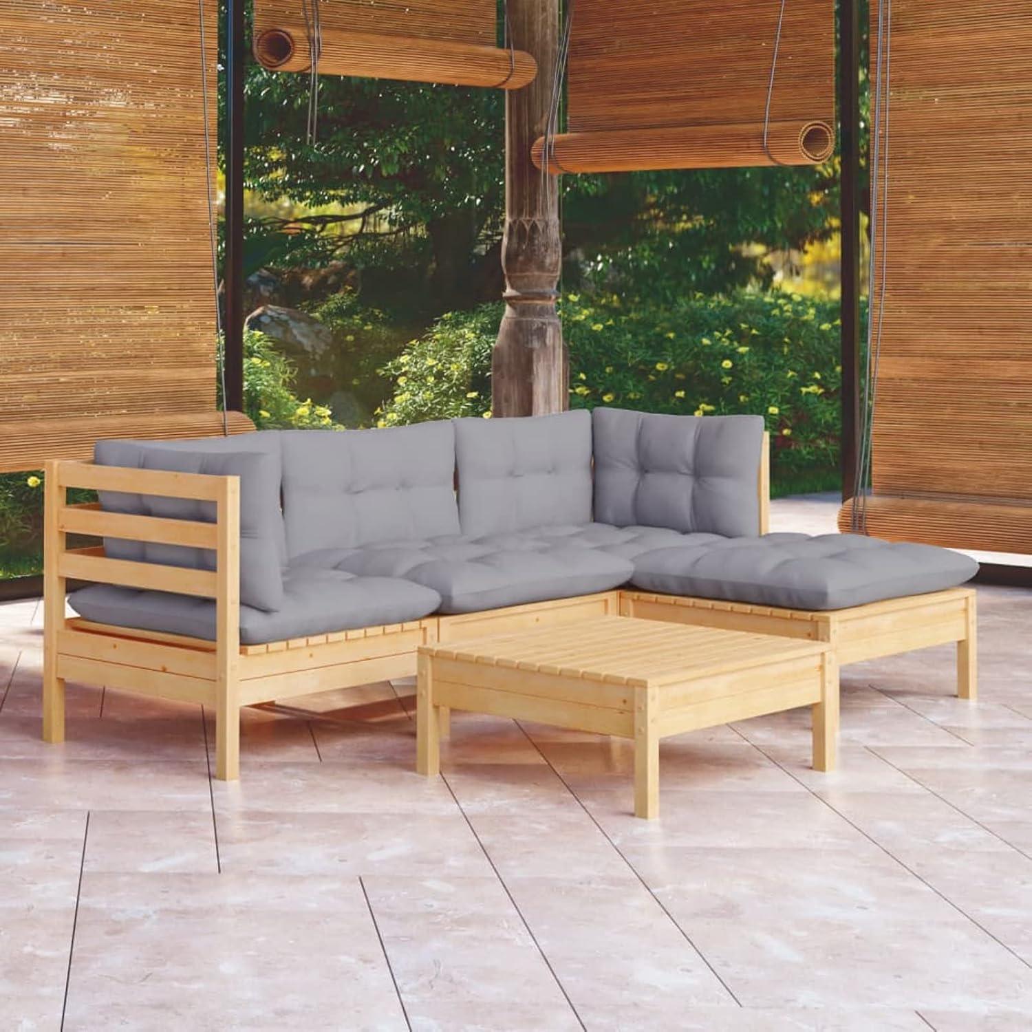 5-TLG. Gartenlounge Set Gartensofa Gartenmöbel Set Sitzgruppe Gartenlounge Loungemöbel Sitzgarnitur Gartengarnitur mit Grauen Kissen Kiefernholz#1
