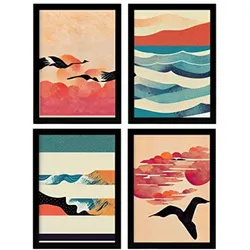 POSTER Set mit 4 Vogel im Abstrakt Moderne Galaxien A3 Schwarzer Rahmen