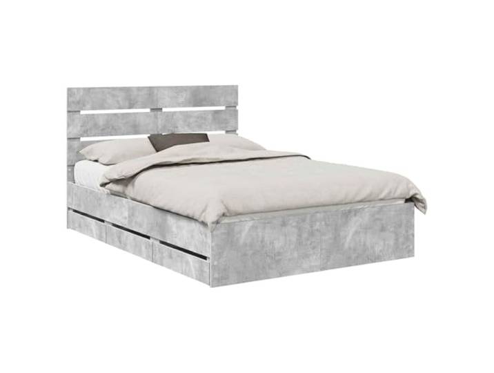 PUGYNBK Bettrahmen Grau Beton 150 x 200 cm Holz Basis mit Schubladen, feste Lamellen, minimalistisches Design, versteckte Aufbewahrung