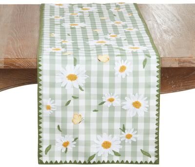 Saro Lifestyle "Embroidered Gingham Daisy Table Runner - Floral Non-Reversible Table Runner for Dining Table, 16""x70"""