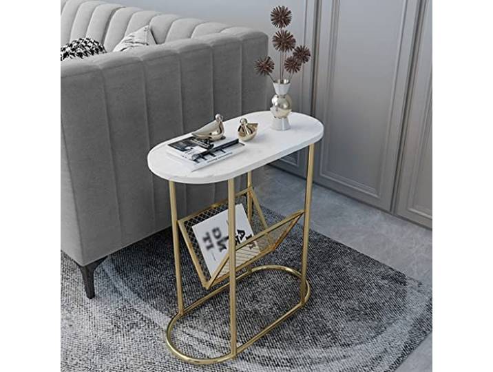 ROHCGHC Beistelltisch, Schmaler Beistelltisch im Wohnzimmer mit Zeitschriftenhalter(White Gold,60cm)