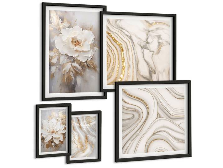 BILDER SET 5er Set - 50x50 cm & 20x30 cm & 40x60 cm Schwarzer Rahmen - Subtile abstrakte Muster