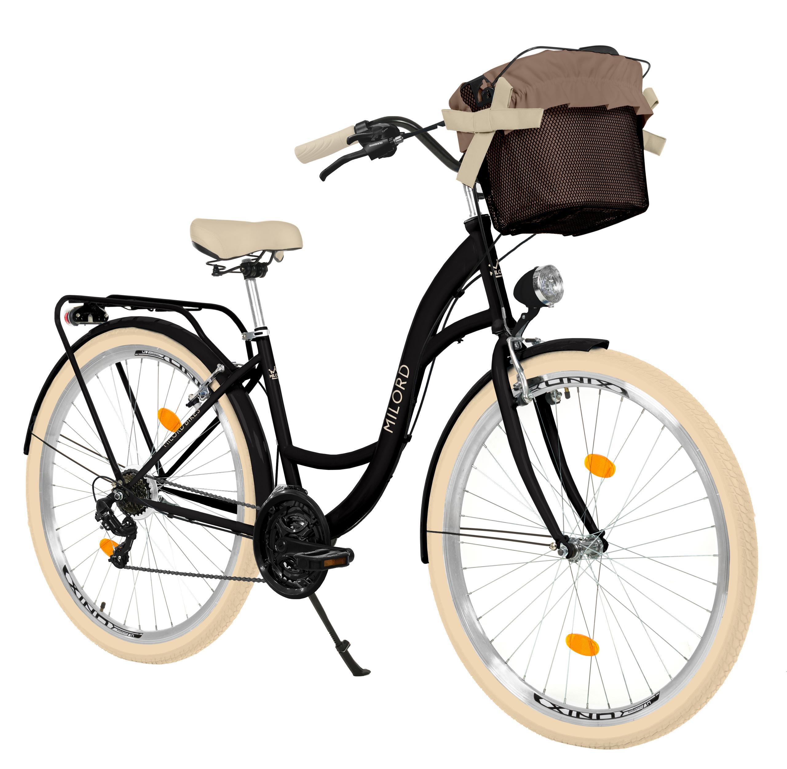 MILORD Damenfahrrad Citybike Komfort Mit Metallkorb Hollandrad Fahrrad, 26 Zoll, 21-Gang, Schawrz-Creme