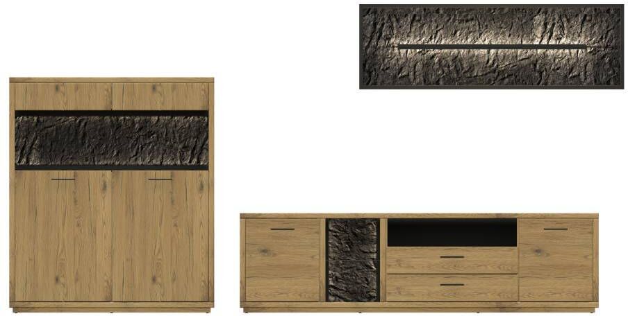Pharao24.de Wohnwand Wohnzimmerwand in modernem Design aus Wildeiche Massivholz (dreiteilig)