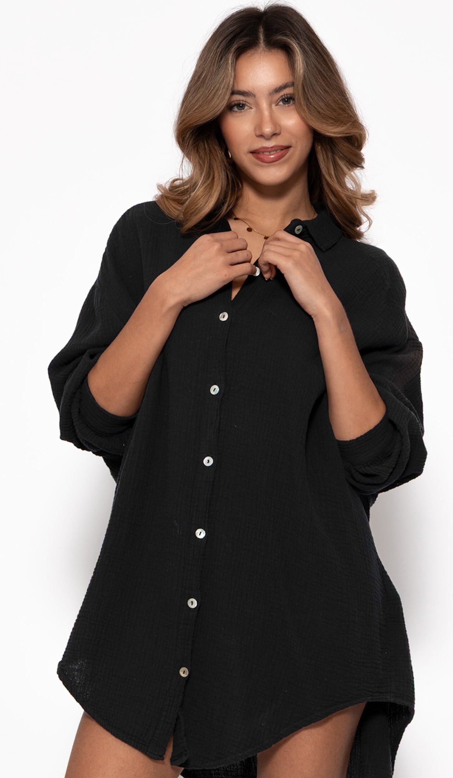Langarmbluse SASSYCLASSY "Oversize Musselin Bluse", Damen, Gr. 0-M, schwarz, Weitere Stoffart, Obermaterial: 100% Baumwolle CO., lang, V-Ausschnitt, Blusen Langarmbluse, Hemdbluse lang aus Baumwolle mit V-Ausschnitt, One Size (Gr. 36-48)