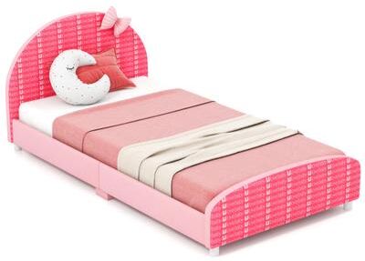 Costway Wood Upholstered Twin Bed Platform with Slat Support-Pink