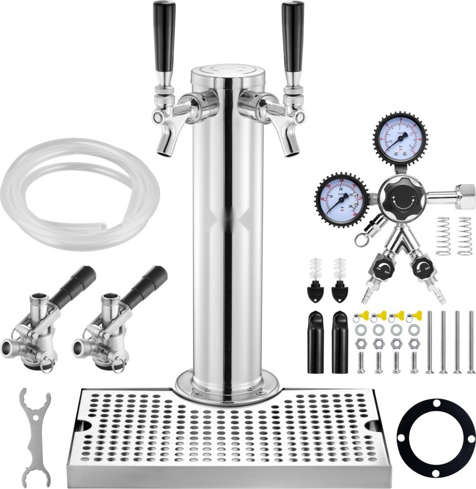 Kegerator-Turm-Kit - Bier-Umrüstsatz mit 2 Zapfhähnen - Edelstahl-Bier-Turmspender - Doppelmessgerät W21.8-Regler - S-System-Fasskupplung - Bier-Tropfschale für Partys Zuhause