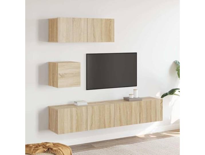HEFZGDB 4-TLG. TV-Schrank-Set Sonoma-Eiche Holzwerkstoff mit Wandmontage und viel Stauraum für Multimedia