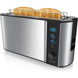 Arendo Toaster Edelstahl Langschlitz 2 Scheiben, Doppelwand, Brötchenaufsatz, Display mit Restzeitanzeige, Toaster, Silber