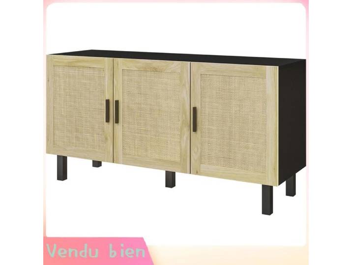 LIA Meuble rangement portes cannage noir/bois naturel 136x41x70cm