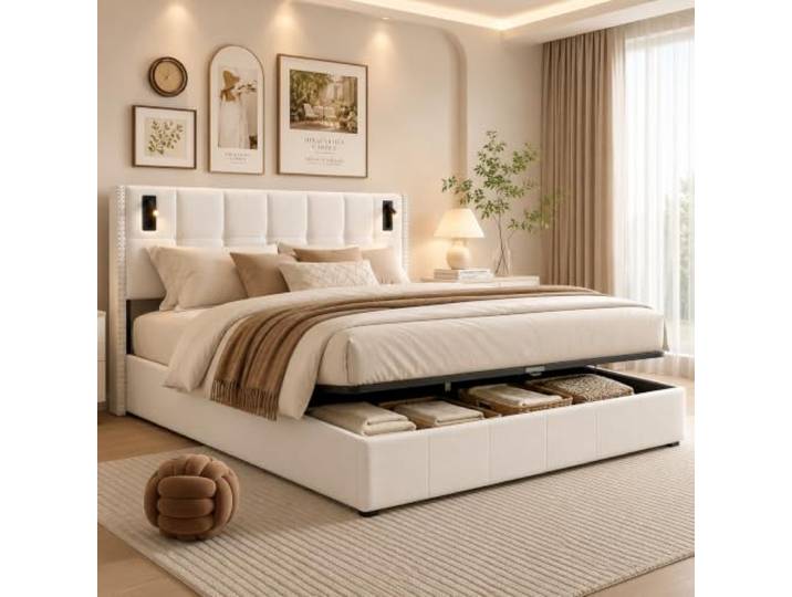 Hoscullo Hydraulisches Bett 140x200, Polsterbett mit Stauraum und Leseleuchten, Stauraumbett Doppelbett mit Bettkasten, Jugendbett mit gepolstertem Kopfteil, Samt, Beige