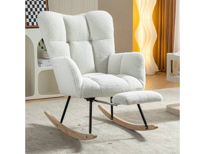 Fauteuil à bascule - LANGTU - Nouveau - Repose-pieds extensible - Teddy doux - Tufté blanc