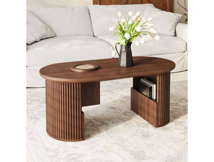 Table basse ovale avec rangements intégrés texture verticale MDF coloris noyer 105x50x46 5 cm