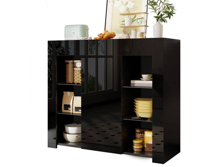 Evryae Sideboard Buffet mit Hochglanz-Front, Glasregalen und Schranktür Schwarz 95/35/83 cm, Glas, Rechteckig,Rechteckig, 95x83x35 cm, Kleinmöbel, Kommoden, Sideboards