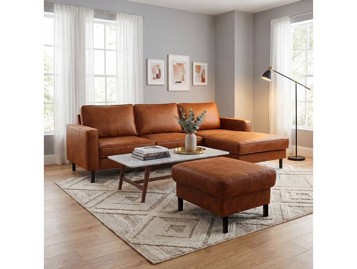 Polsterhocker 70 x 48 x 60cm Braun Lederfaserstoff Dalia: Cognac