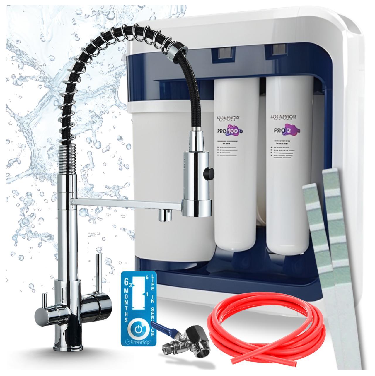 Ari 3-Wege-Küchenarmatur Solid Spring, Chrom, Ausziehbare Spültischarmatur Im Set Mit Aquaphor Ro-202S Pro Wasserfiltersystem